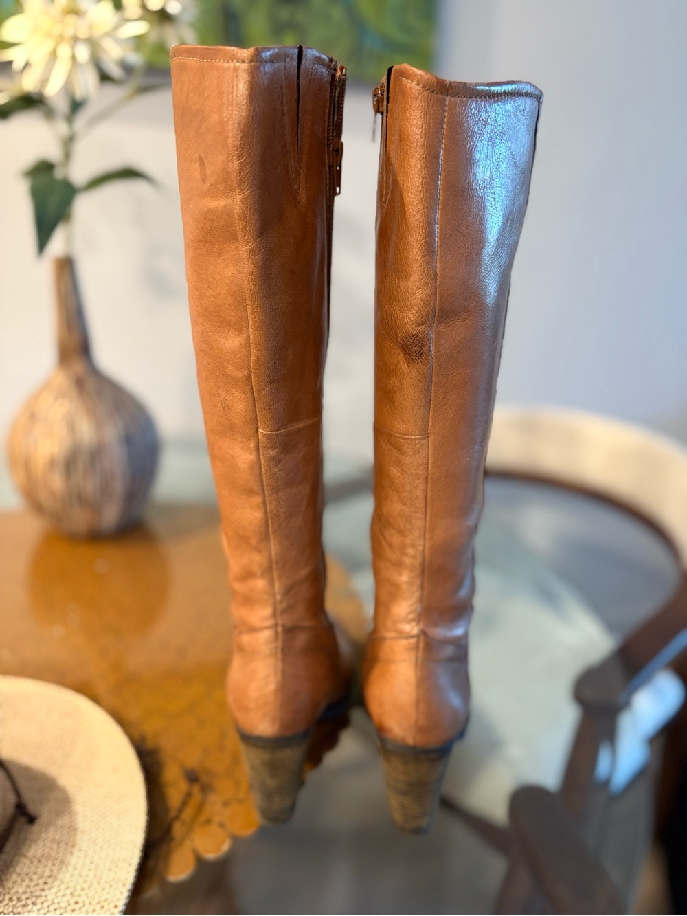Festival Boho Cartier Cognac Leather Knee-High Heeled Boots - Picture 2 of 5